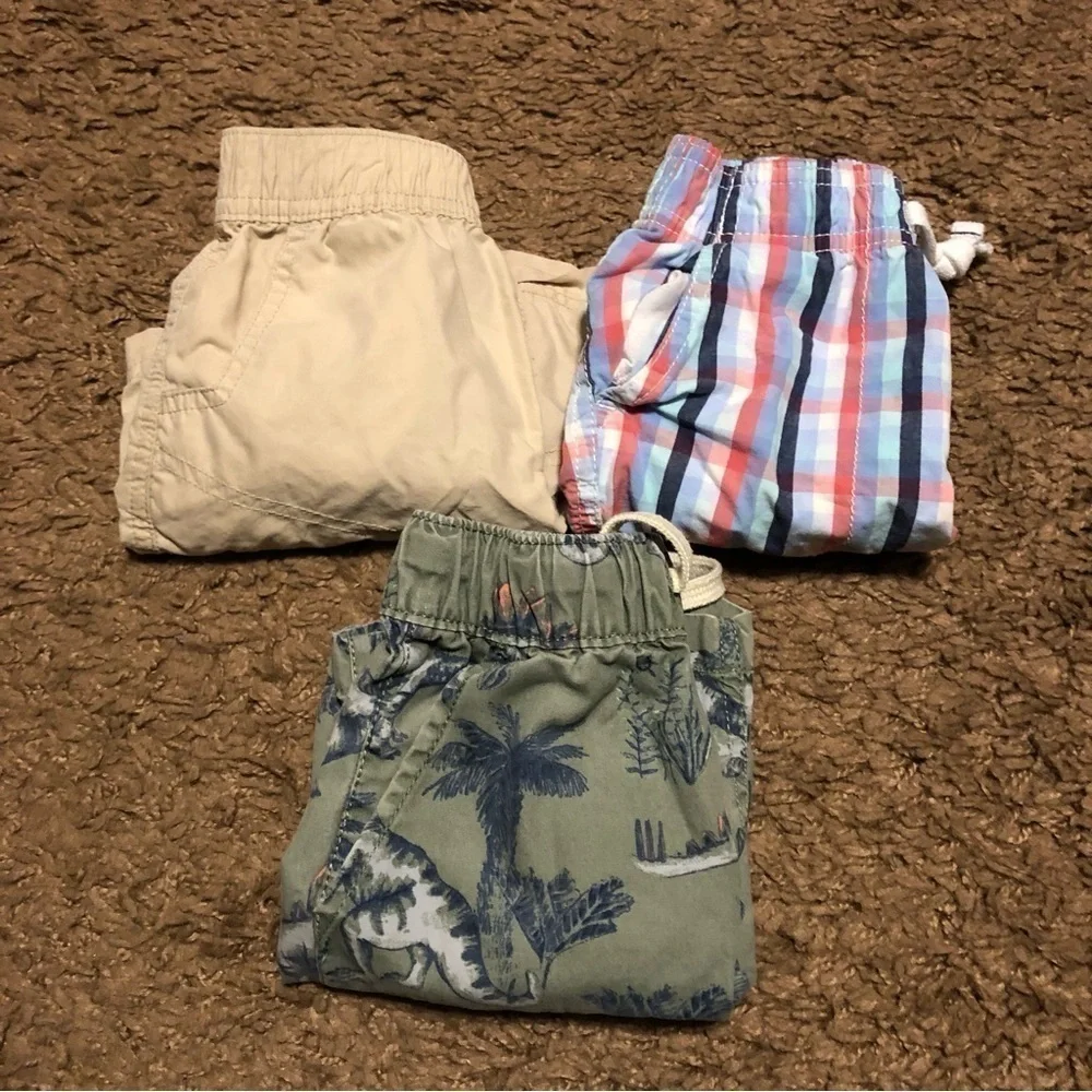 3T Shorts Bundle Lot Tan Green Boys Dinosaur Plaid Tan Blue Kids